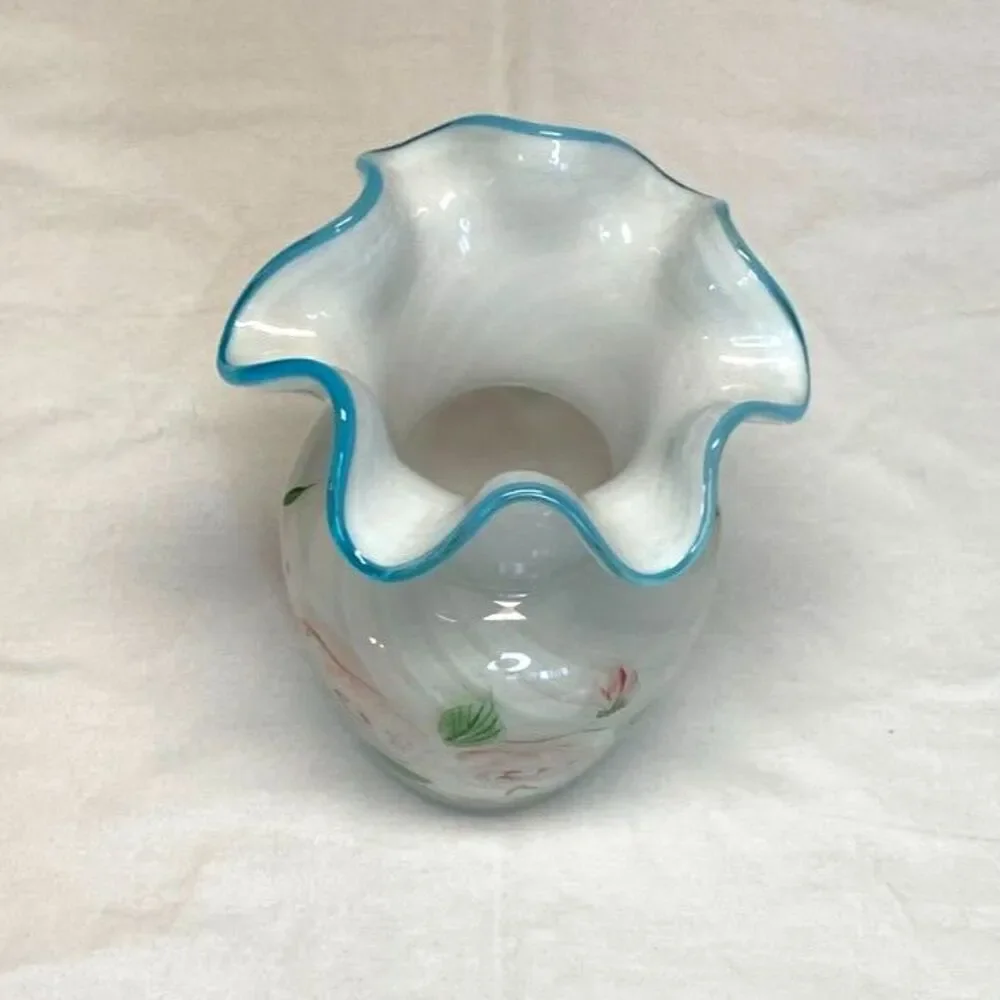 Fenton Teleflora Aqua Crest Hand Painted Cased Glass Swirl Ruffled Small Vase